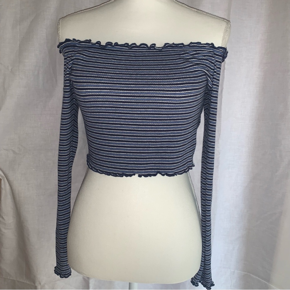 H&M Divided | Black,Blue,White Striped+Long Sleeve+Off Shoulder Crop Top| Small